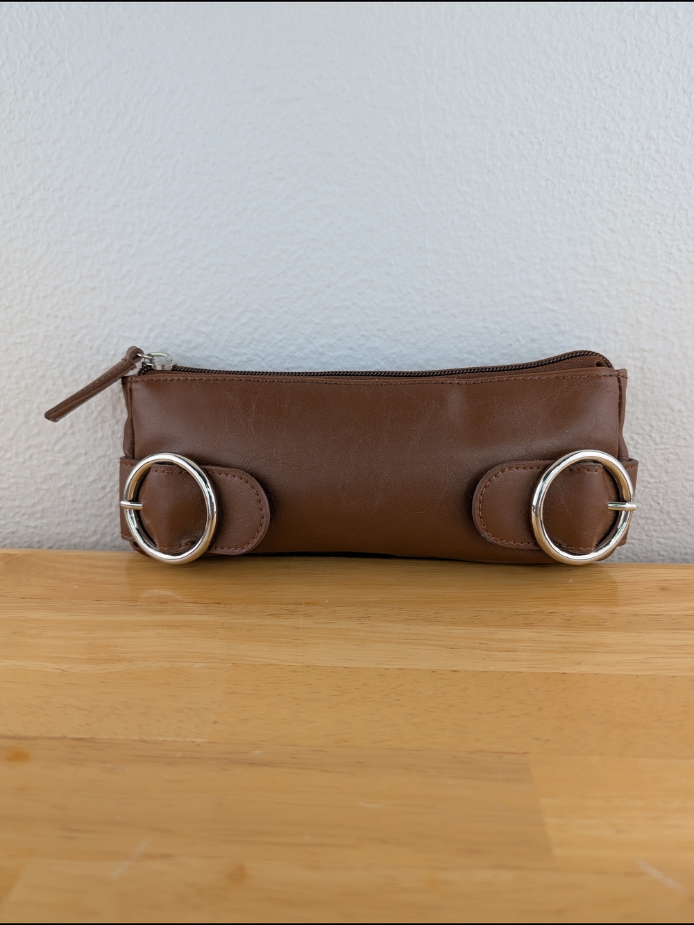 Nordstrom Brown Leather Mini Bag Zip Clutch Make-Up Pouch Silver Buckle Detail